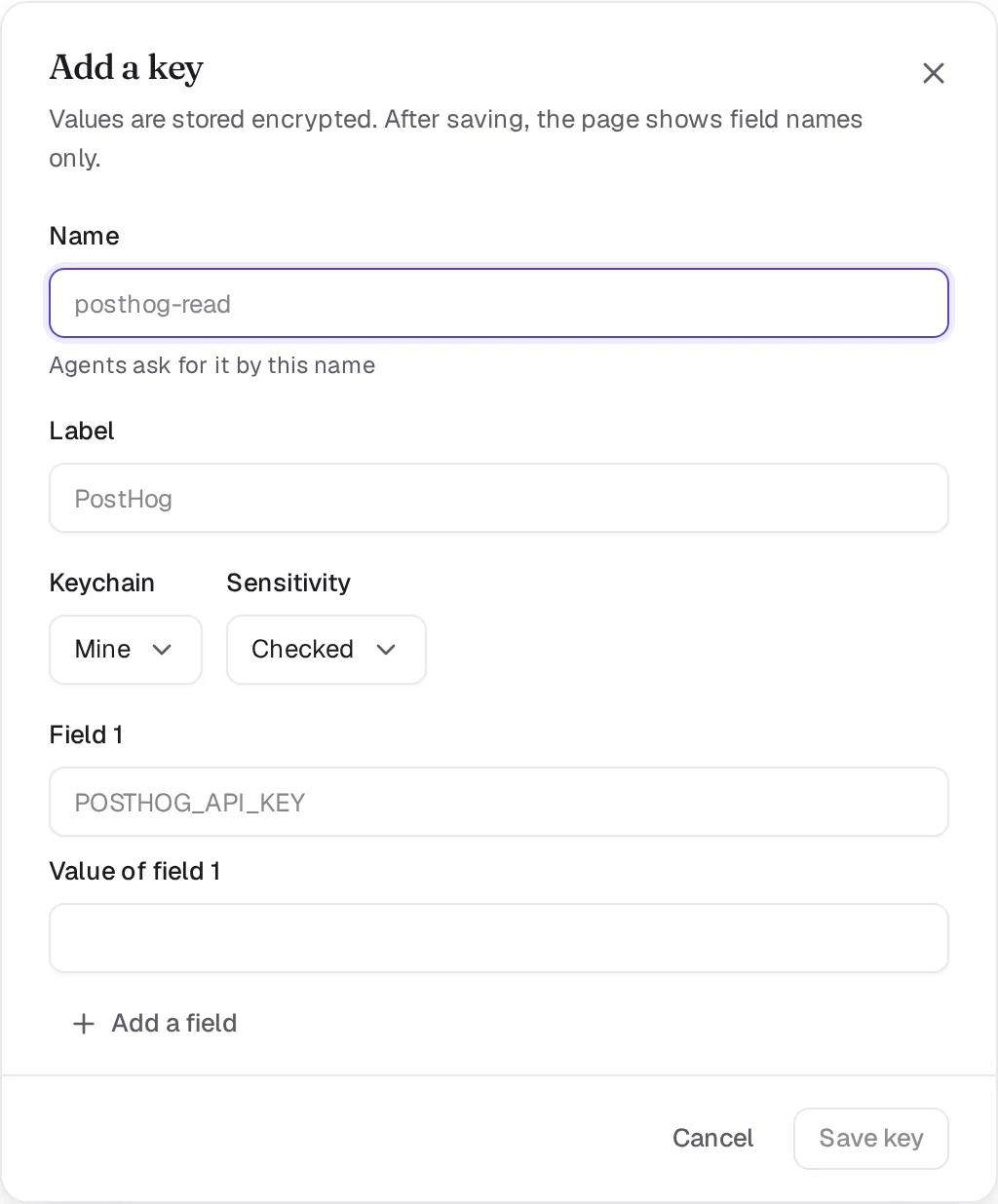 The Add a key dialog with Name, Label, Keychain, Sensitivity and one field with its value