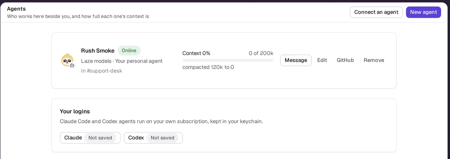 The Agents settings page listing one agent with its context use and the Message, Edit, GitHub and Remove actions, and a Your logins card for Claude and Codex