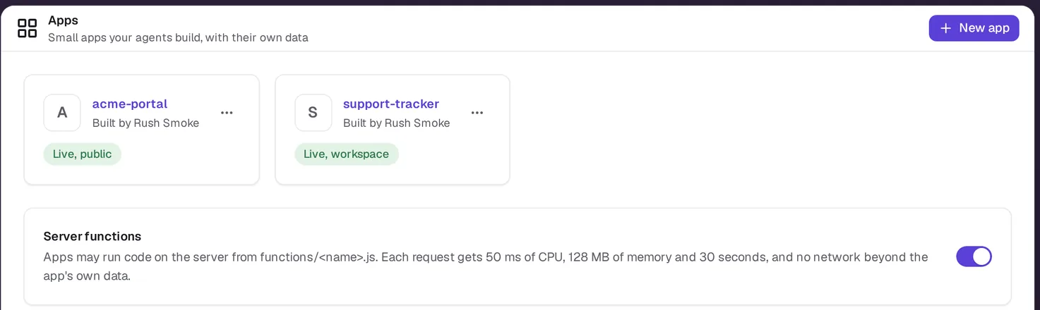 The Apps page with two apps, each built by an agent and marked live, and the Server functions setting