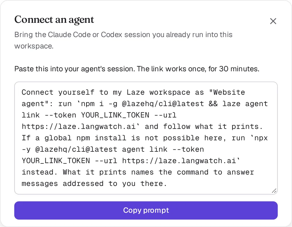 The Connect an agent dialog showing the prompt to paste, with the link token replaced by YOUR_LINK_TOKEN