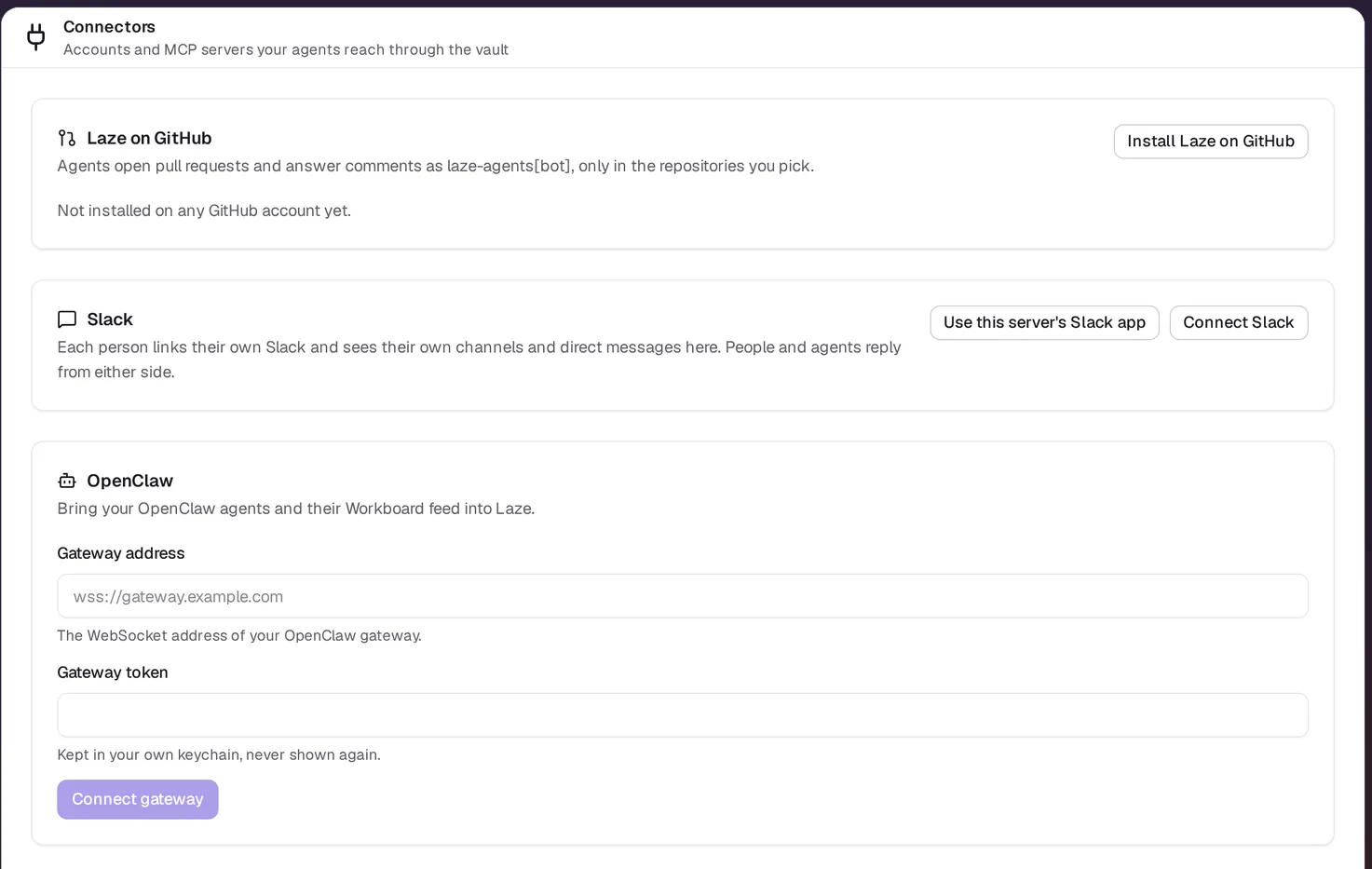 The Connectors page with cards for Laze on GitHub, Slack and OpenClaw