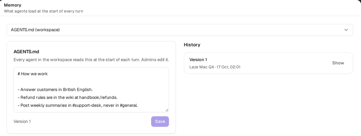 The Memory settings page showing the workspace AGENTS.md with three rules and its version history