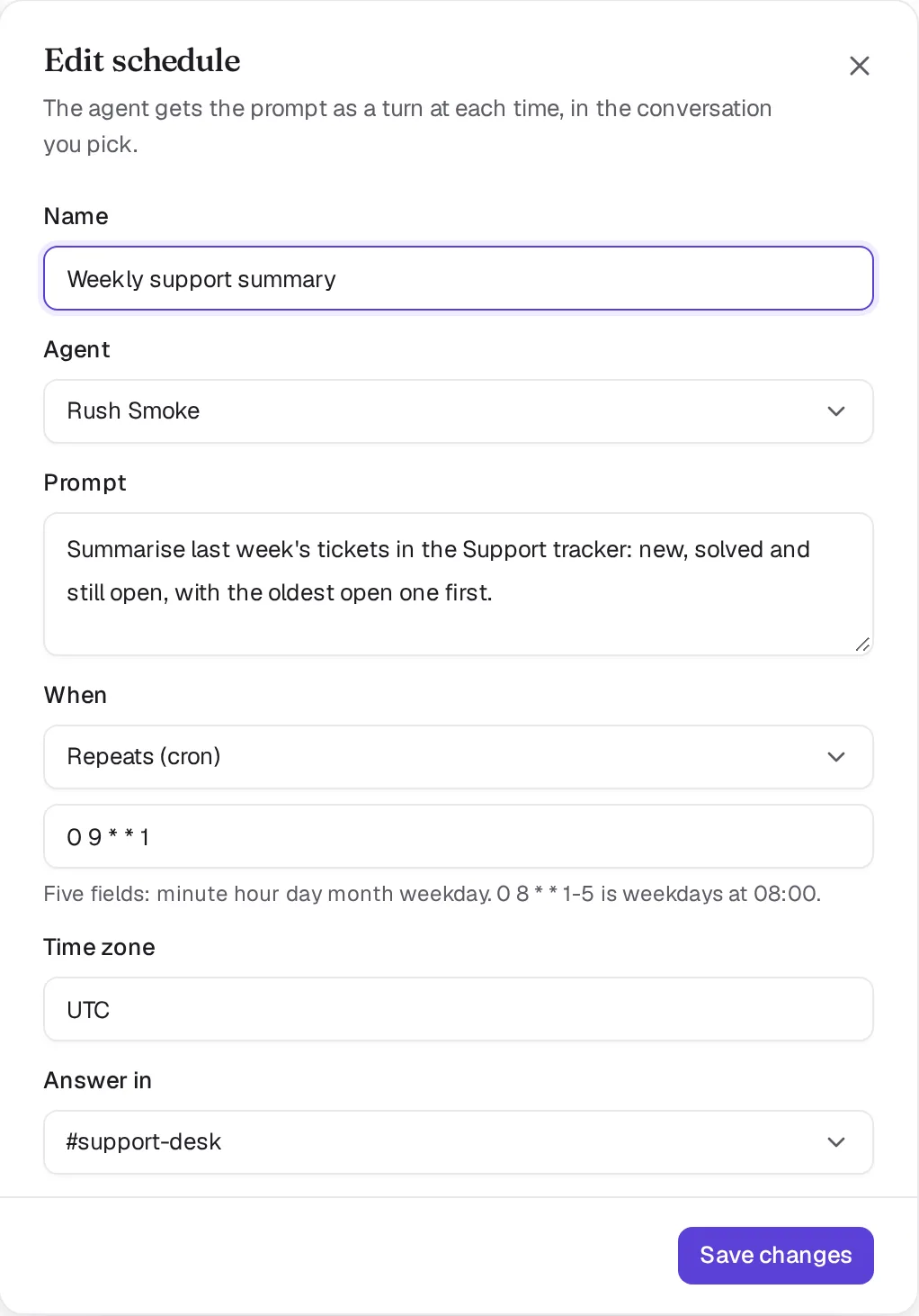 The Edit schedule form with name, agent, prompt, a weekly cron time, time zone and the support-desk channel