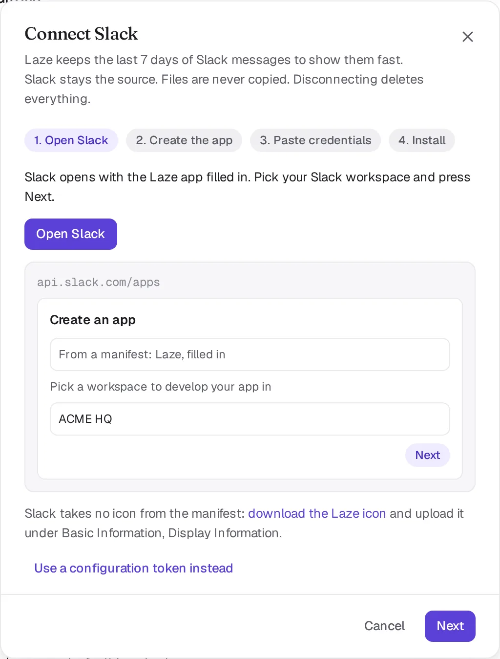 The Connect Slack dialog on its first step, Open Slack, with the four steps listed at the top