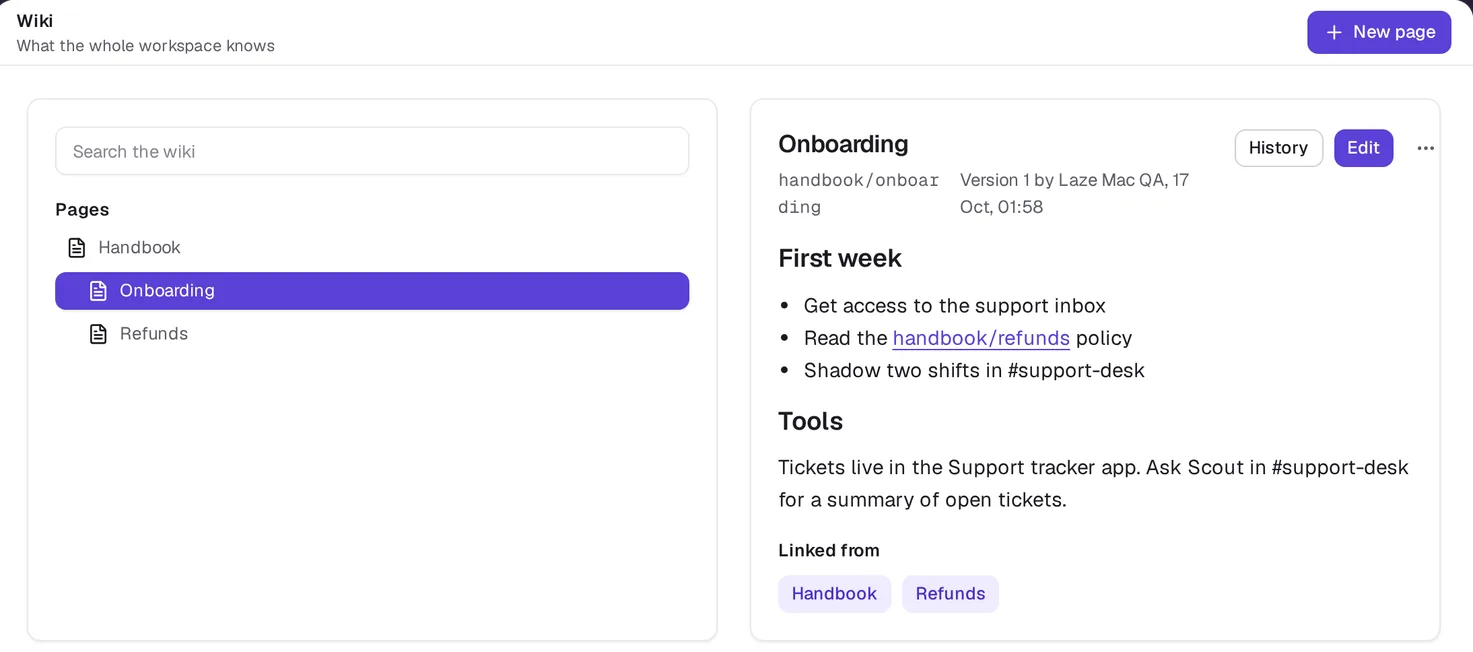 The Wiki with a page tree on the left and the Onboarding page with headings, a link and its Linked from list